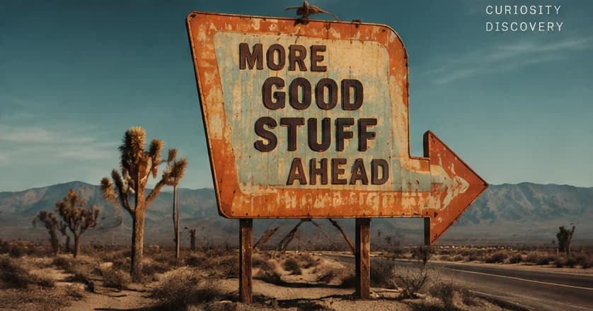 Illustrative weathered roadside sign reading More Good Stuff Ahead in an American desert landscape